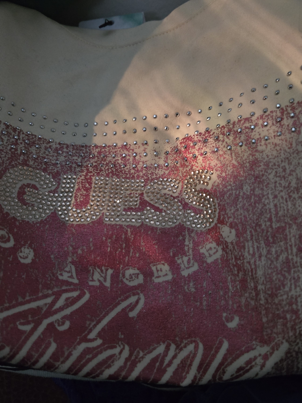 Guess Cream Graphic Tee with Rhinestone Accent NWT